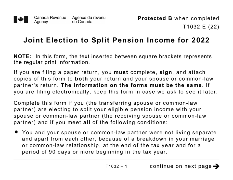 Form T1032 Joint Election to Split Pension Income (Large Print) - Canada, Page 1