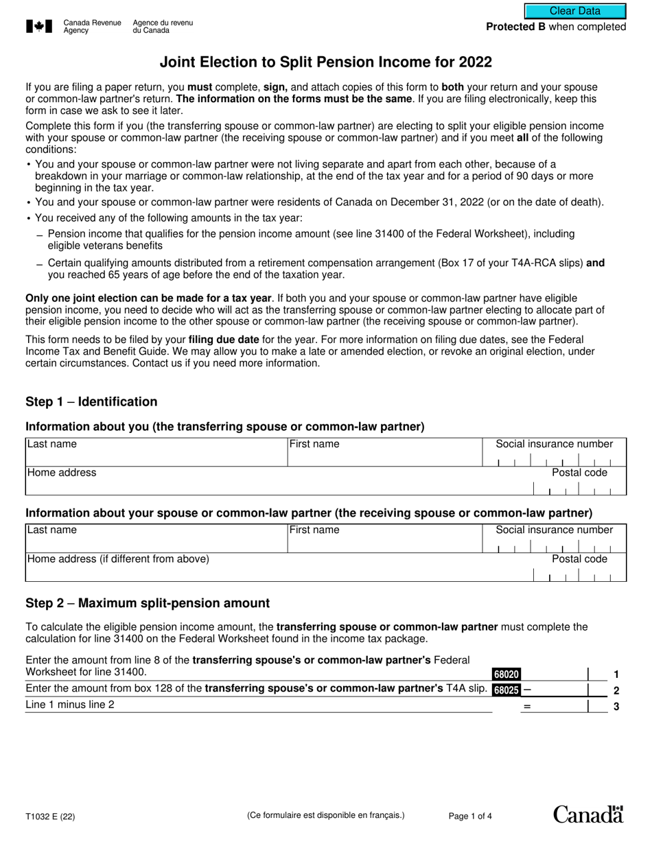 Form T1032 Joint Election to Split Pension Income - Canada, Page 1