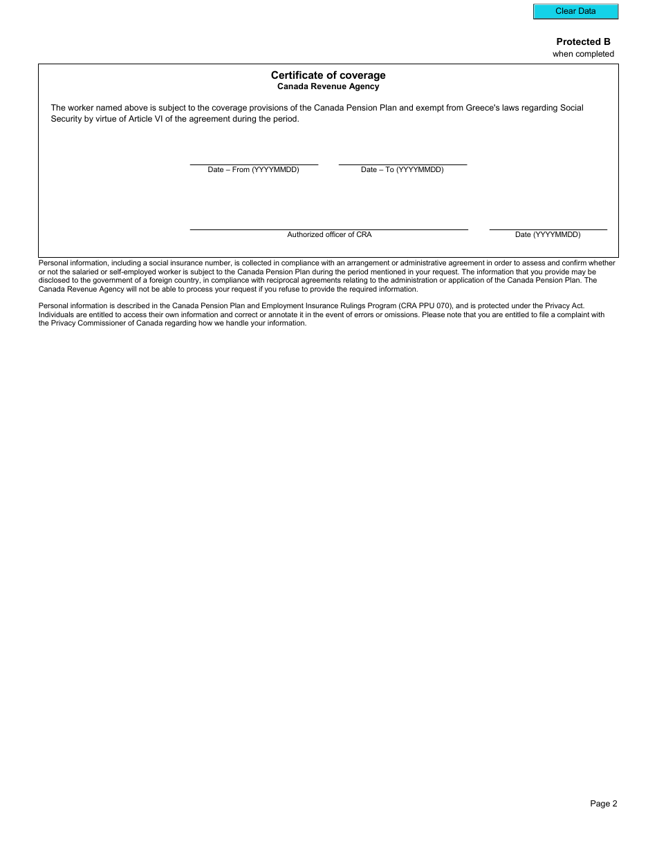 Form CPT54 Certificate of Coverage Under the Canada Pension Plan Pursuant to Article VI of the Agreement on Social Security Between Canada and the Hellenic Republic (Greece) - Canada, Page 3