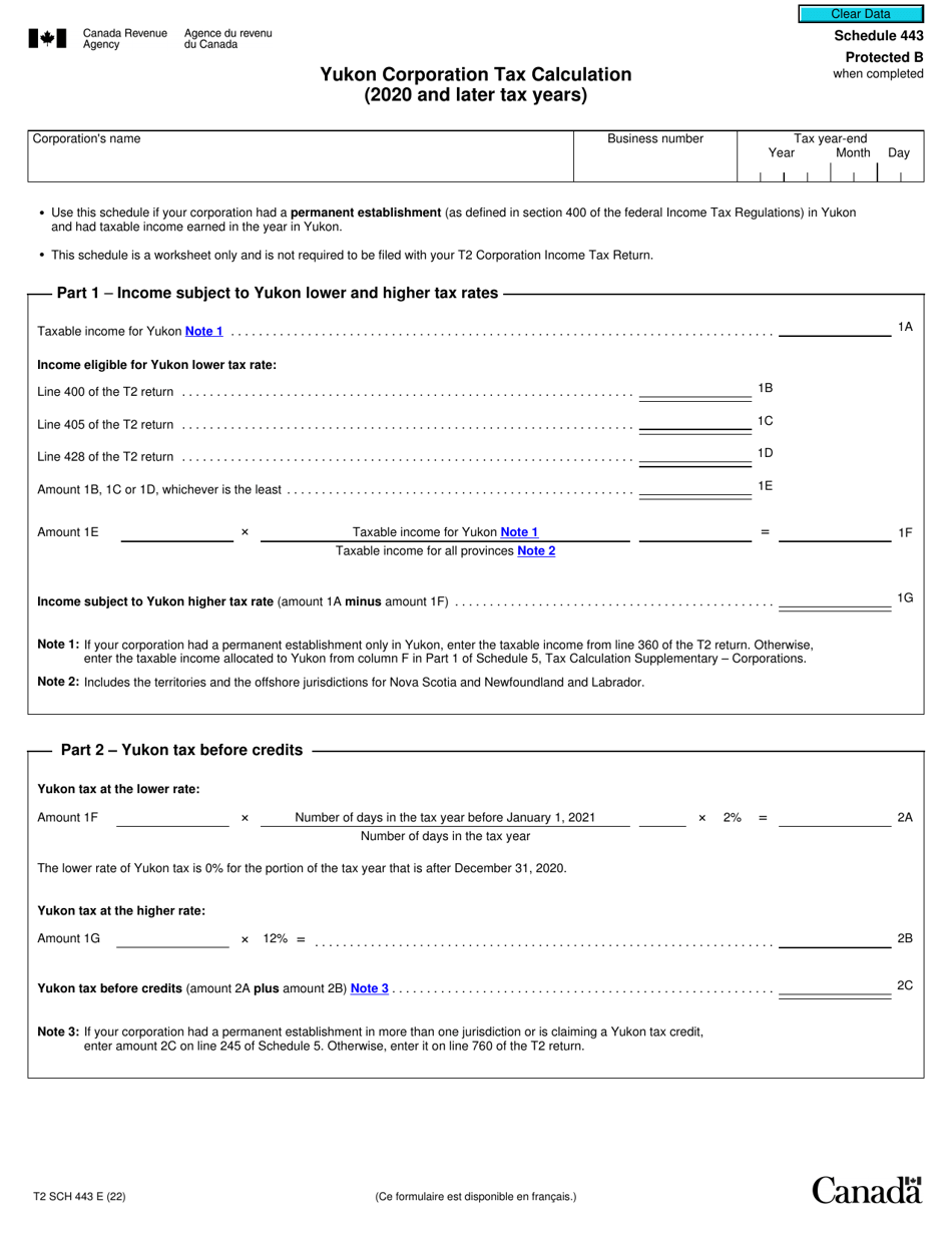 Form T2 Schedule 443 Yukon Corporation Tax Calculation (2020 and Later Tax Years) - Canada, Page 1