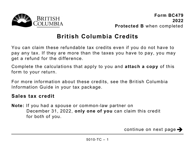 Form 5010-TC (BC479) British Columbia Credits (Large Print) - Canada, 2022