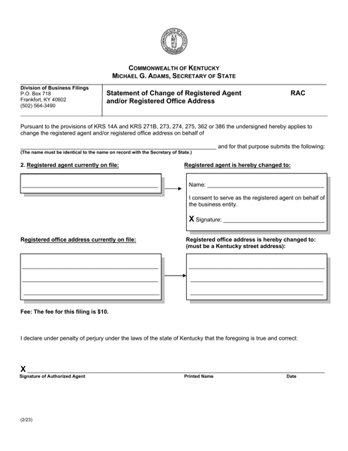 Form RAC Statement of Change of Registered Agent and/or Registered Office Address - Kentucky