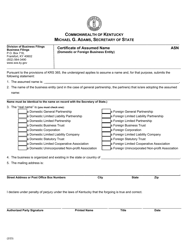 Document preview: Form ASN Certificate of Assumed Name (Domestic or Foreign Business Entity) - Kentucky