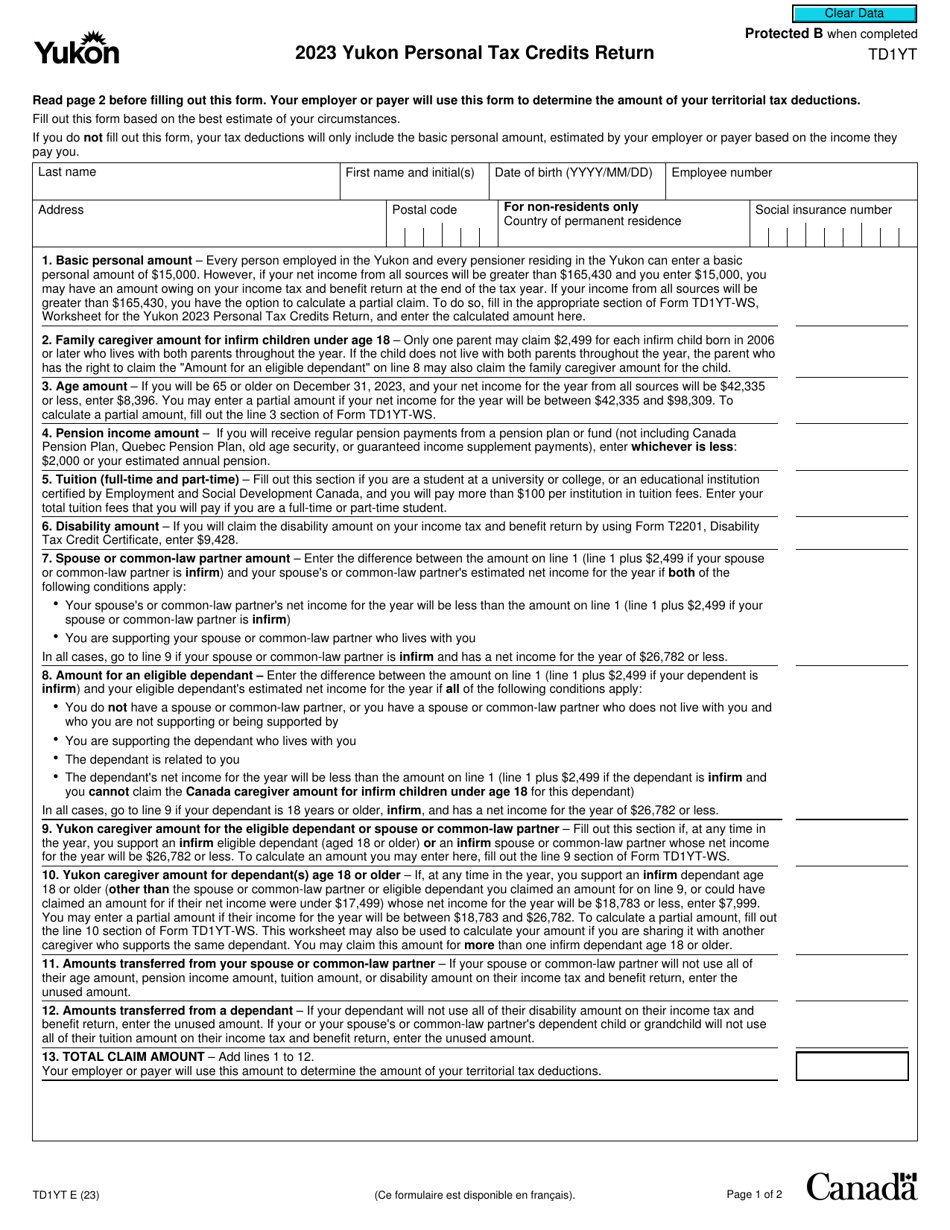 Form TD1YT Download Fillable PDF or Fill Online Yukon Personal Tax