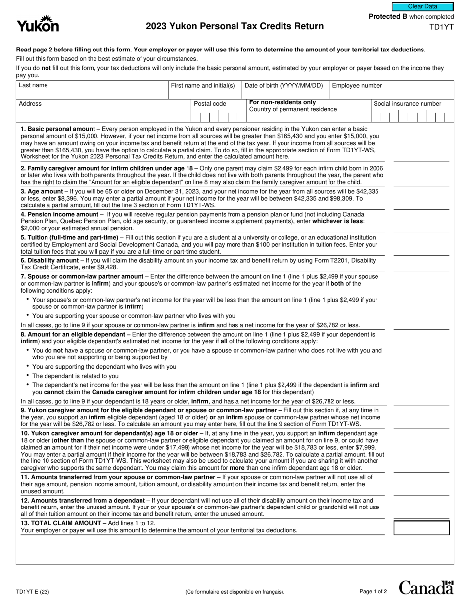 Form TD1YT Yukon Personal Tax Credits Return - Canada, Page 1