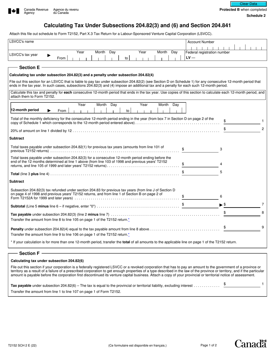 Form T2152 Schedule 2 Calculating Tax Under Subsections 204.82(3) and (6) and Section 204.841 - Canada, Page 1