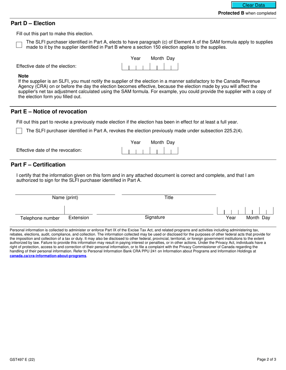 Form GST497 Gst / Hst Election or Revocation Under the Special Attribution Method for Selected Listed Financial Institutions - Canada, Page 2