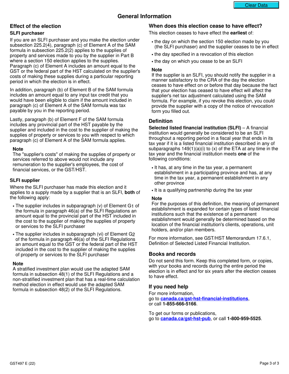 Form GST497 Gst / Hst Election or Revocation Under the Special Attribution Method for Selected Listed Financial Institutions - Canada, Page 3