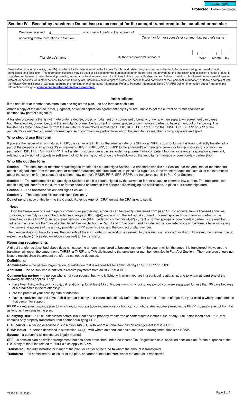 Form T2220 Transfer From an Rrsp, Rrif, Prpp or Spp to Another Rrsp, Rrif, Prpp or Spp on Breakdown of Marriage or Common-Law Partnership - Canada, Page 2