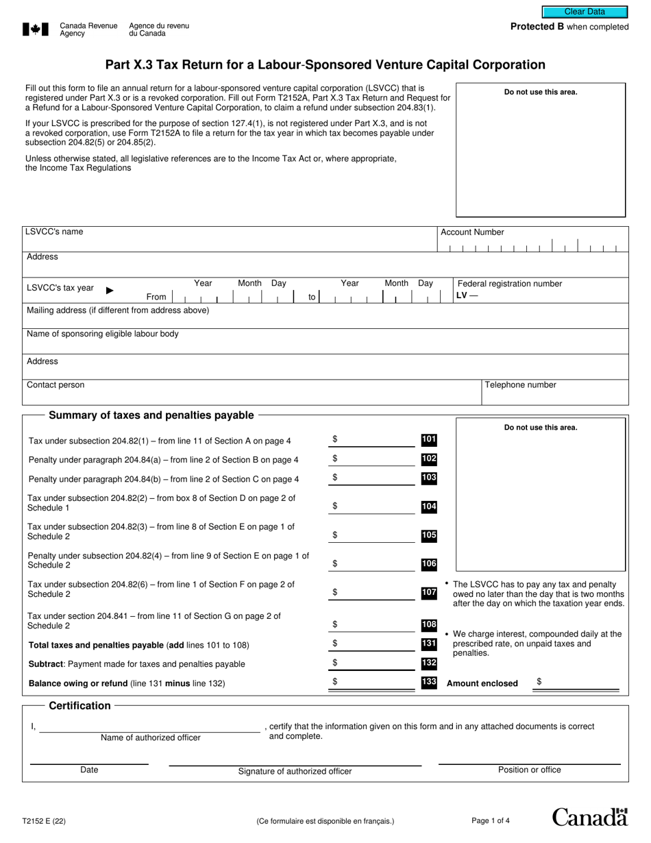 Form T2152 Part X.3 Tax Return for a Labour-Sponsored Venture Capital Corporation - Canada, Page 1