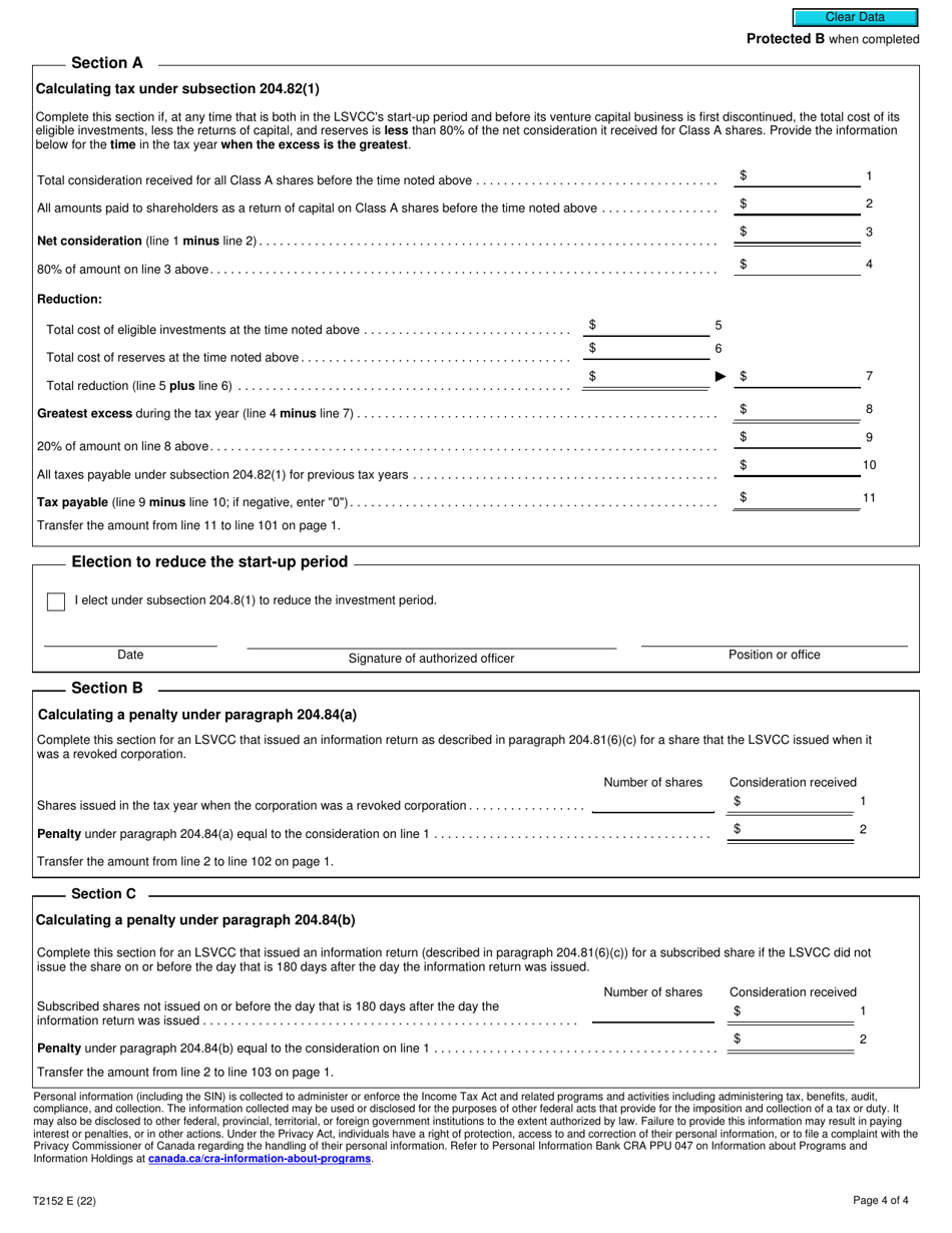 Form T2152 Part X.3 Tax Return for a Labour-Sponsored Venture Capital Corporation - Canada, Page 4