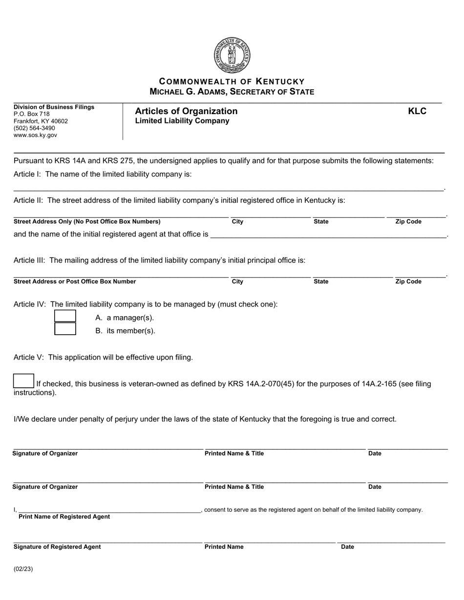 Form KLC Articles of Organization - Limited Liability Company - Kentucky, Page 1