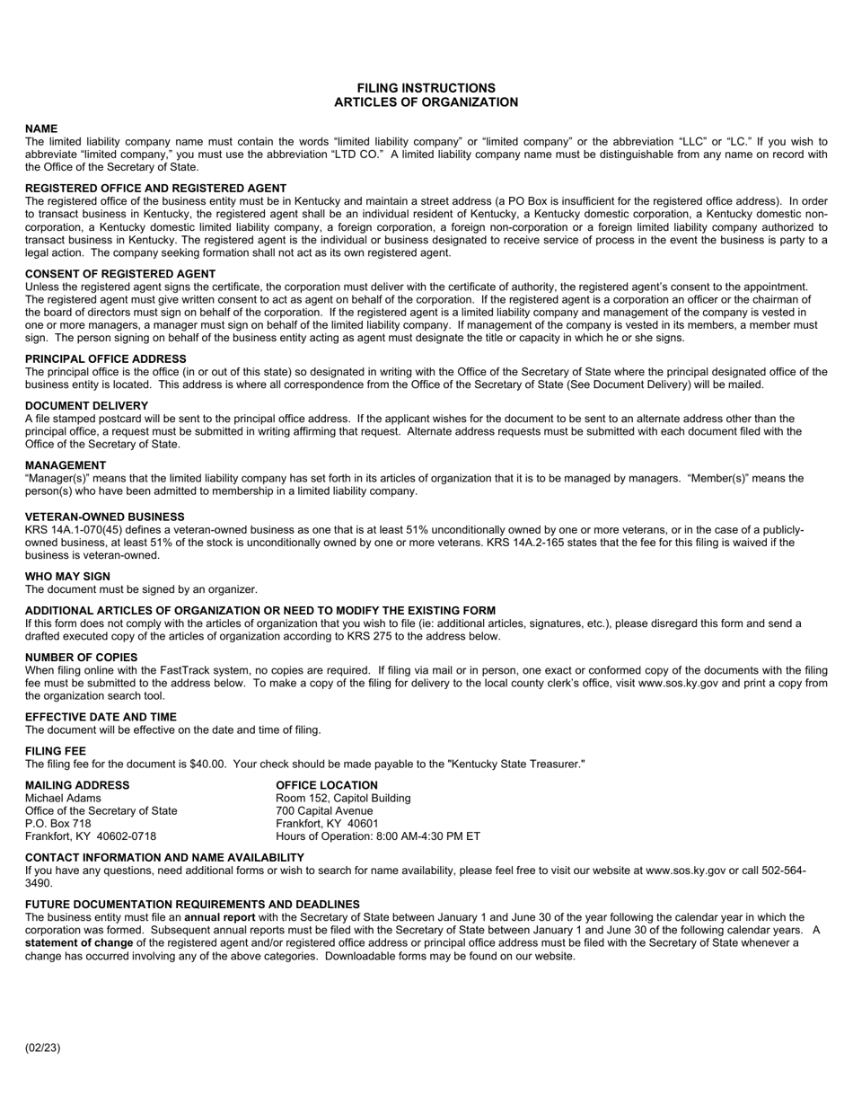 Form KLC Articles of Organization - Limited Liability Company - Kentucky, Page 2