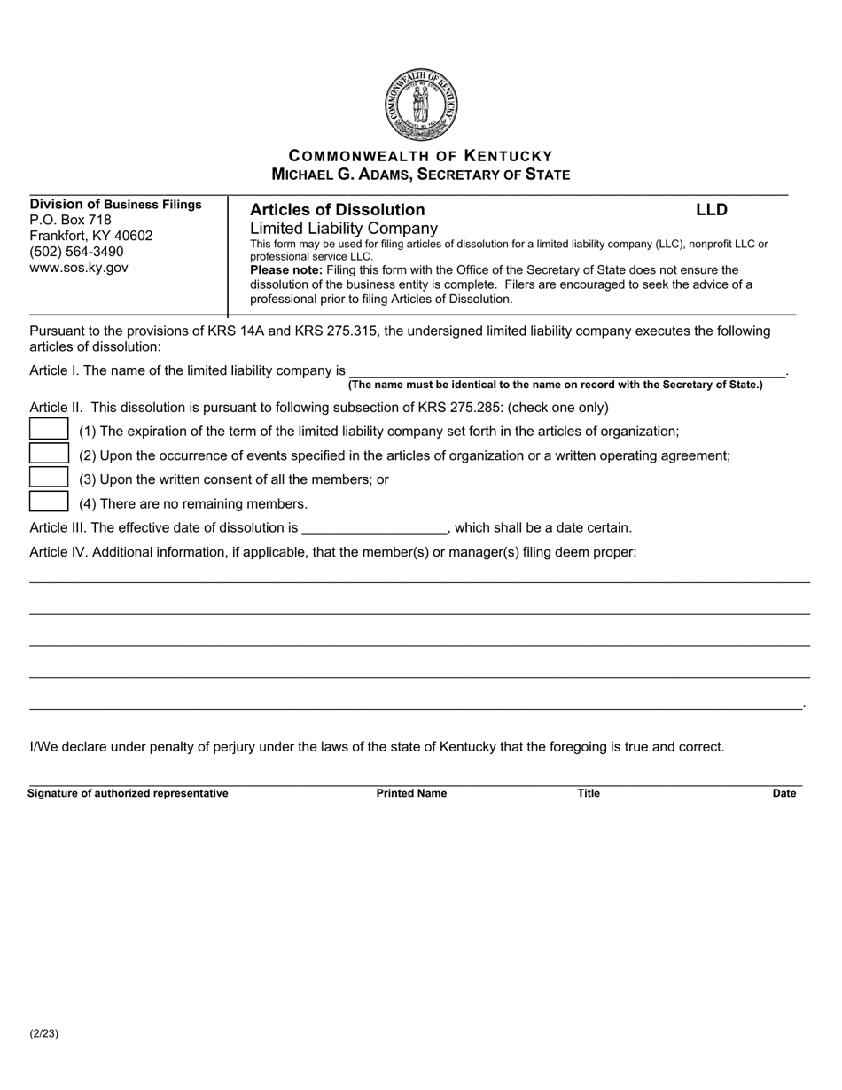 Form LLD Articles of Dissolution - Limited Liability Company - Kentucky, Page 1