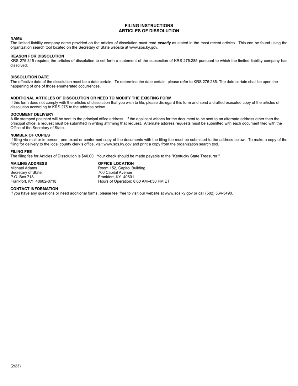 Form LLD Articles of Dissolution - Limited Liability Company - Kentucky, Page 2