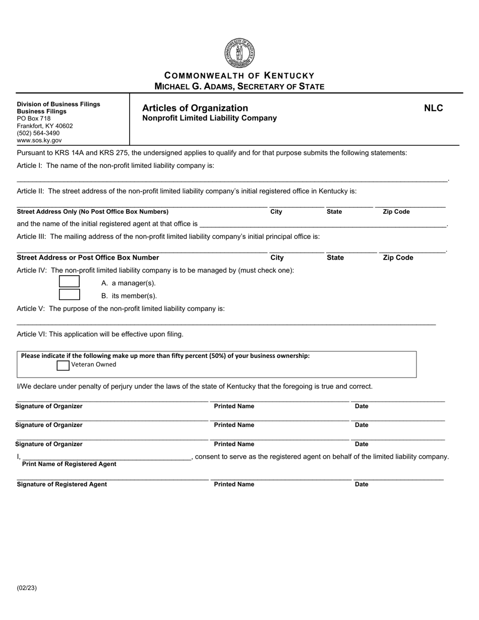 Form NLC Articles of Organization - Nonprofit Limited Liability Company - Kentucky, Page 1