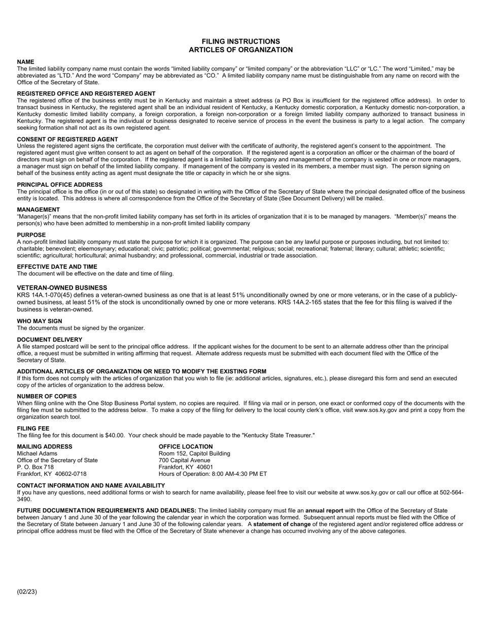 Form NLC Articles of Organization - Nonprofit Limited Liability Company - Kentucky, Page 2