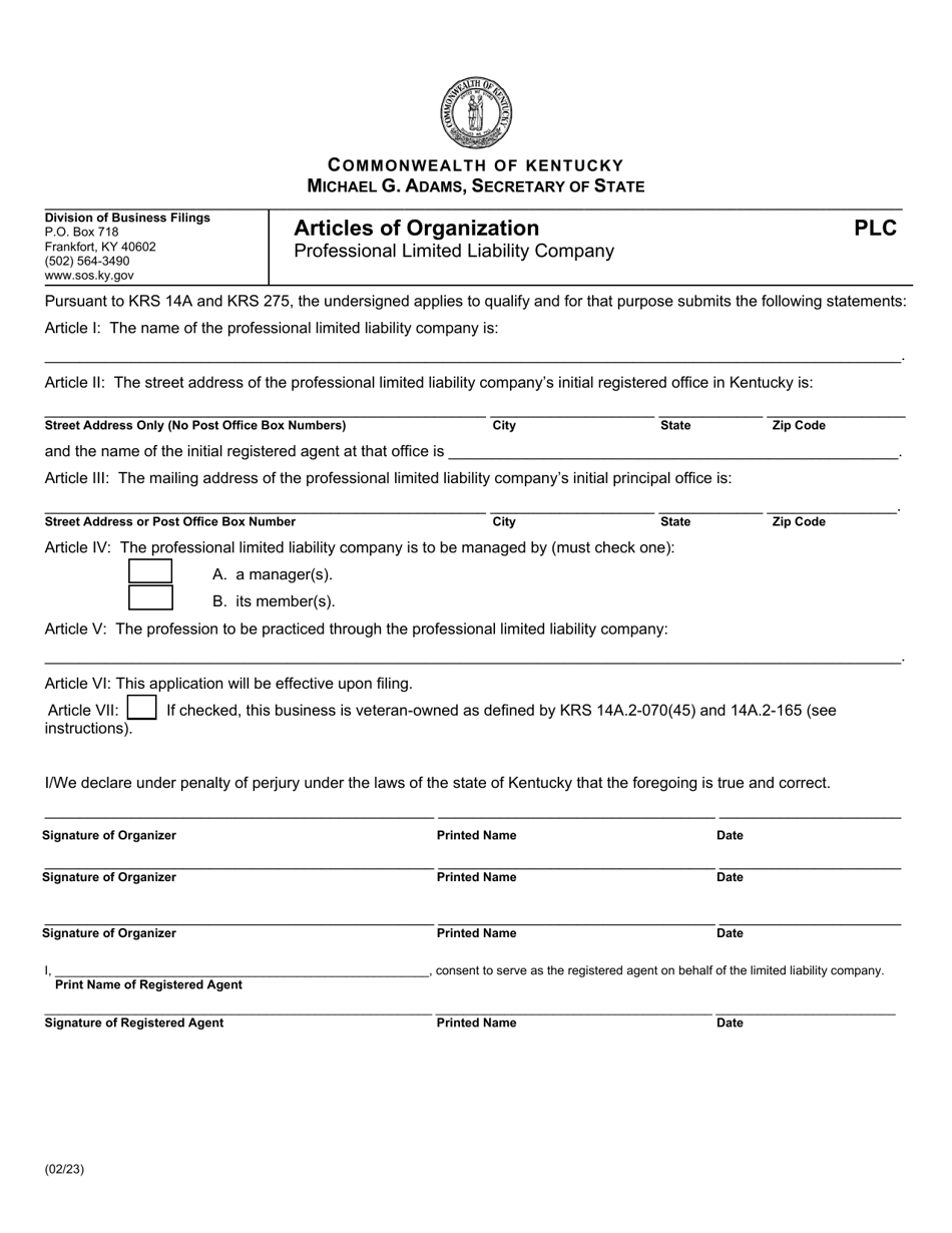 Form PLC Articles of Organization - Professional Limited Liability Company - Kentucky, Page 1