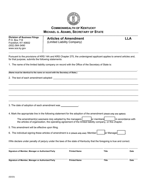 Form LLA Articles of Amendment (Limited Liability Company) - Kentucky