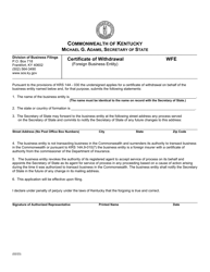 Document preview: Form WFE Certificate of Withdrawal (Foreign Business Entity) - Kentucky