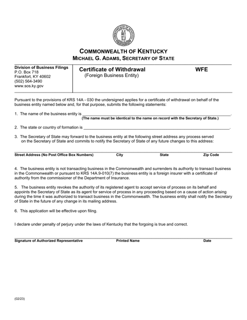 Form WFE Certificate of Withdrawal (Foreign Business Entity) - Kentucky