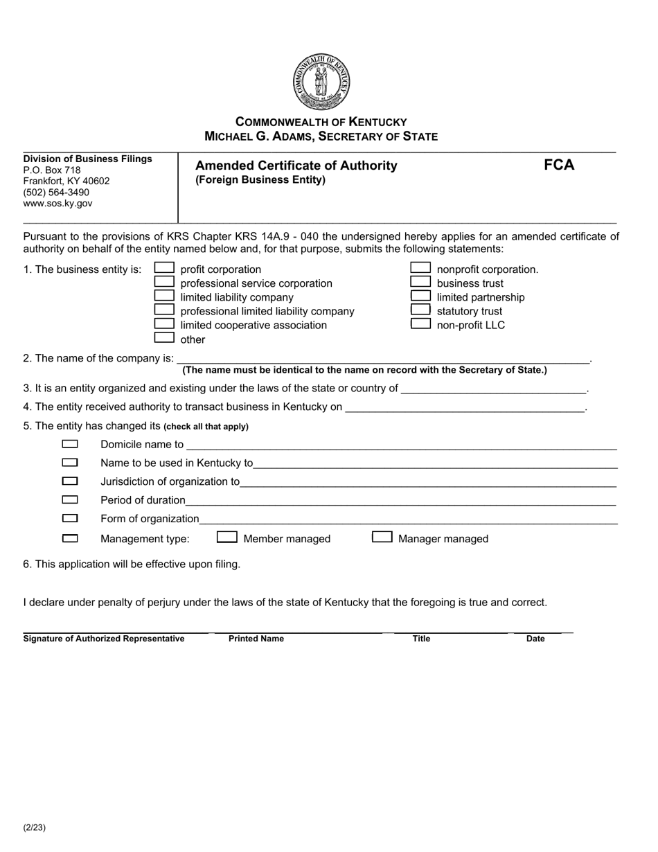 Form FCA Amended Certificate of Authority (Foreign Business Entity) - Kentucky, Page 1