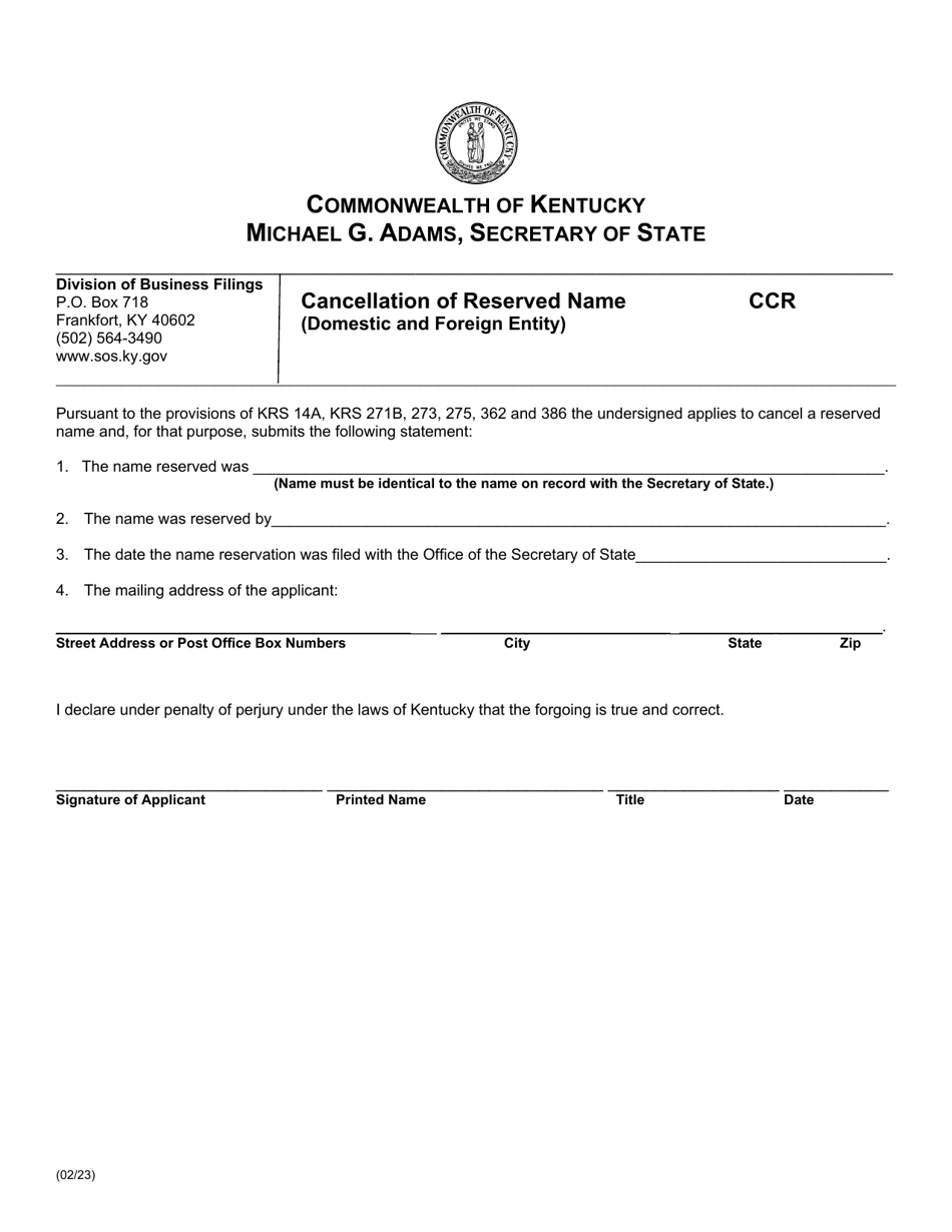 Form CCR Cancellation of Reserved Name (Domestic and Foreign Entity) - Kentucky, Page 1