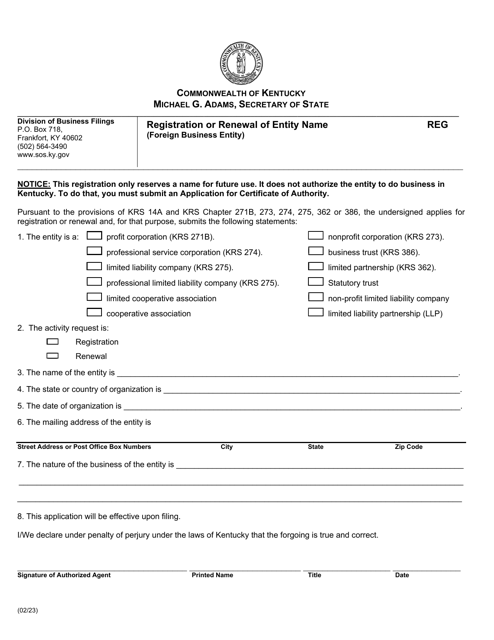 Form REG Registration or Renewal of Entity Name (Foreign Business Entity) - Kentucky
