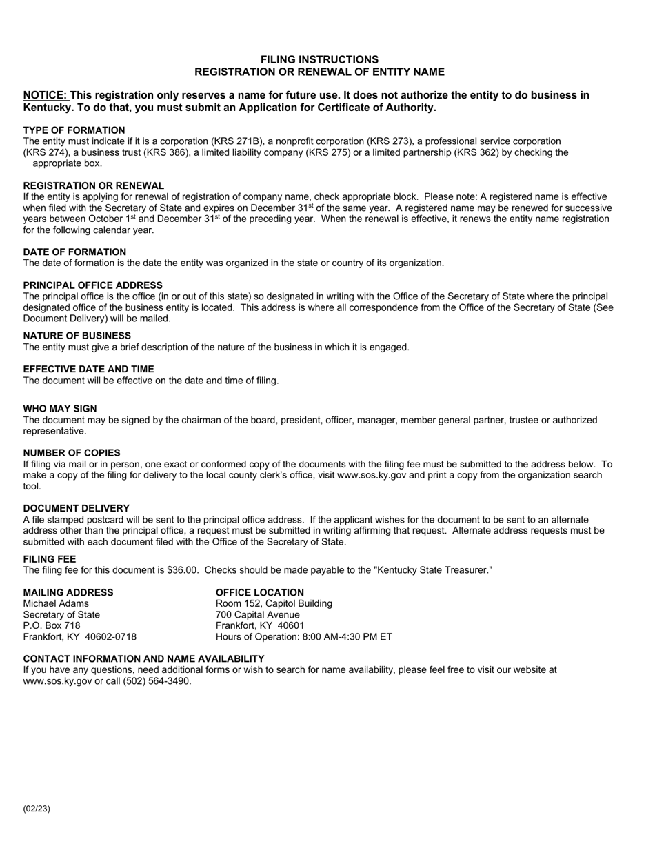 Form REG Registration or Renewal of Entity Name (Foreign Business Entity) - Kentucky, Page 2