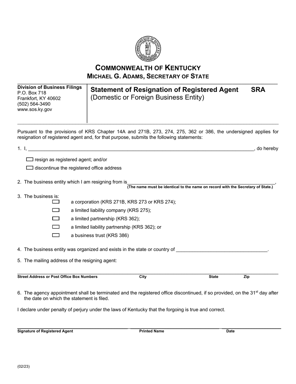 Form SRA Statement of Resignation of Registered Agent (Domestic or Foreign Business Entity) - Kentucky, Page 1