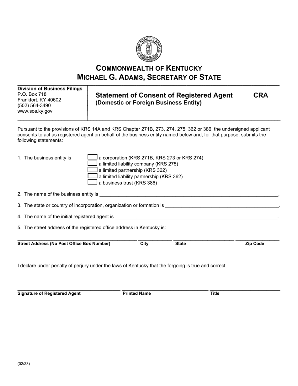 Form CRA Statement of Consent of Registered Agent (Domestic or Foreign Business Entity) - Kentucky, Page 1