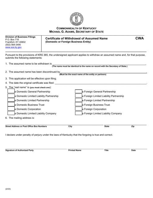 Form CWA Certificate of Withdrawal of Assumed Name (Domestic or Foreign Business Entity) - Kentucky