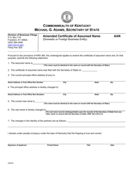 Document preview: Form AAN Amended Certificate of Assumed Name (Domestic or Foreign Business Entity) - Kentucky