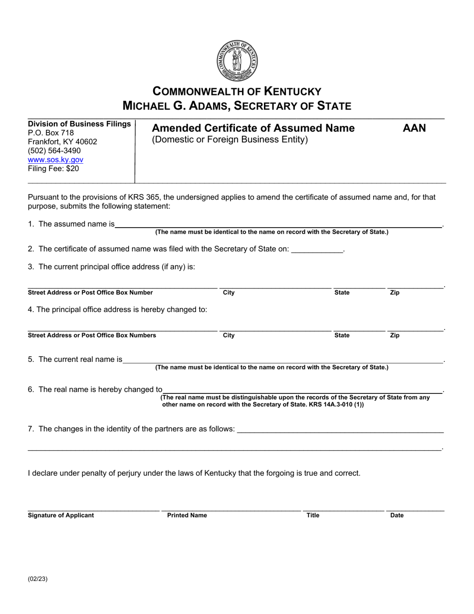 Form AAN Amended Certificate of Assumed Name (Domestic or Foreign Business Entity) - Kentucky, Page 1