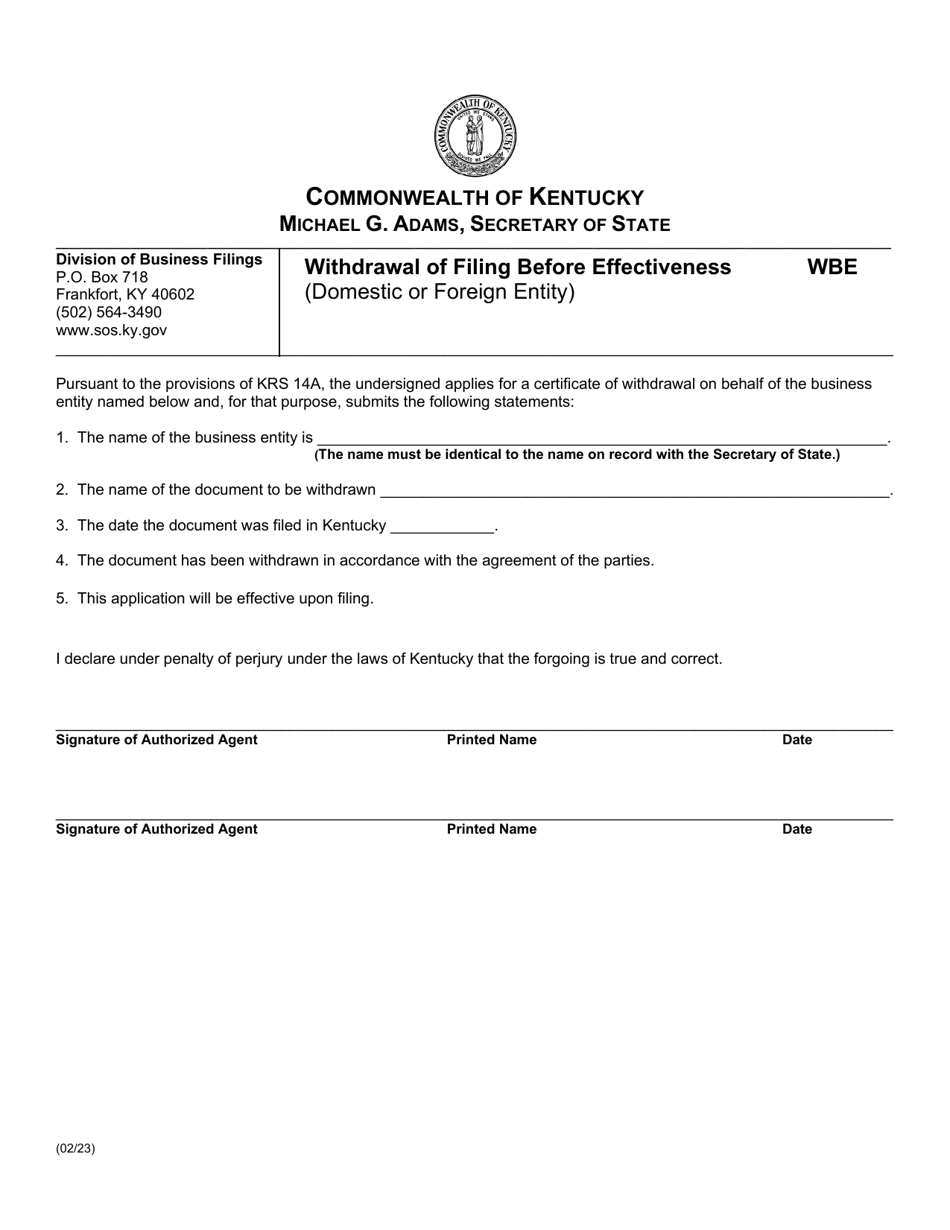 Form WBE Withdrawal of Filing Before Effectiveness (Domestic or Foreign Entity) - Kentucky, Page 1