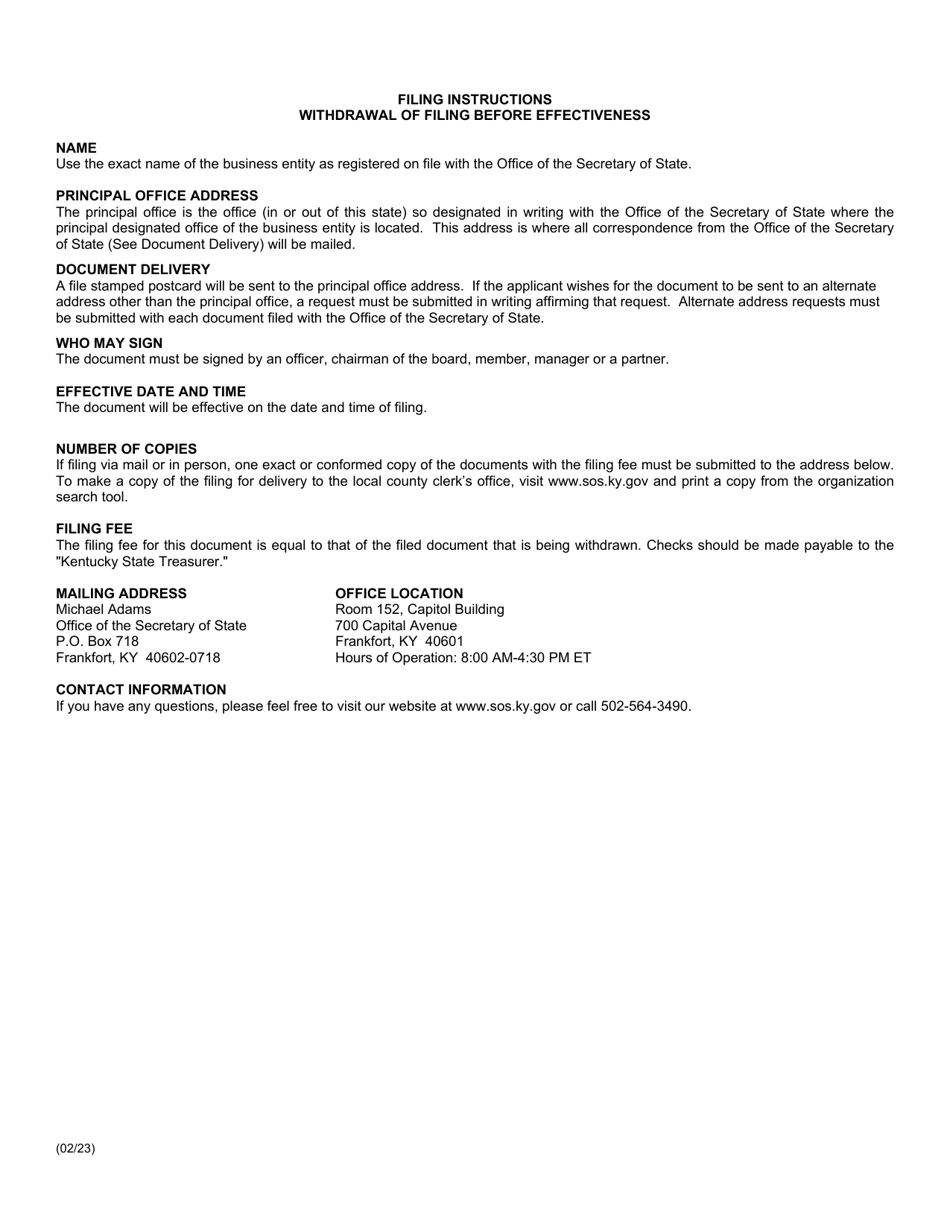 Form WBE Withdrawal of Filing Before Effectiveness (Domestic or Foreign Entity) - Kentucky, Page 2