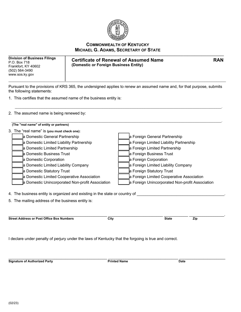 Form RAN Certificate of Renewal of Assumed Name (Domestic or Foreign Business Entity) - Kentucky, Page 1