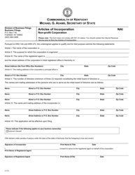 Form NAI Articles of Incorporation - Non-profit Corporation - Kentucky