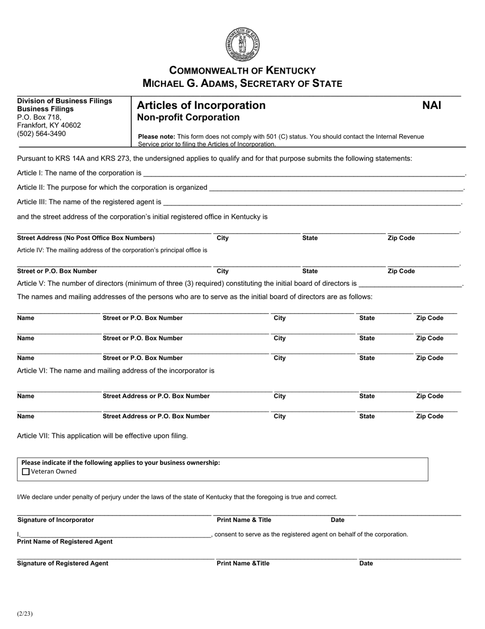 Form NAI Articles of Incorporation - Non-profit Corporation - Kentucky, Page 1