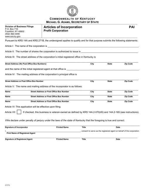 Form PAI Articles of Incorporation - Profit Corporation - Kentucky