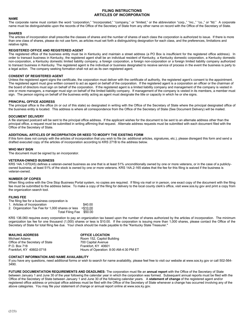 Form PAI Articles of Incorporation - Profit Corporation - Kentucky, Page 2