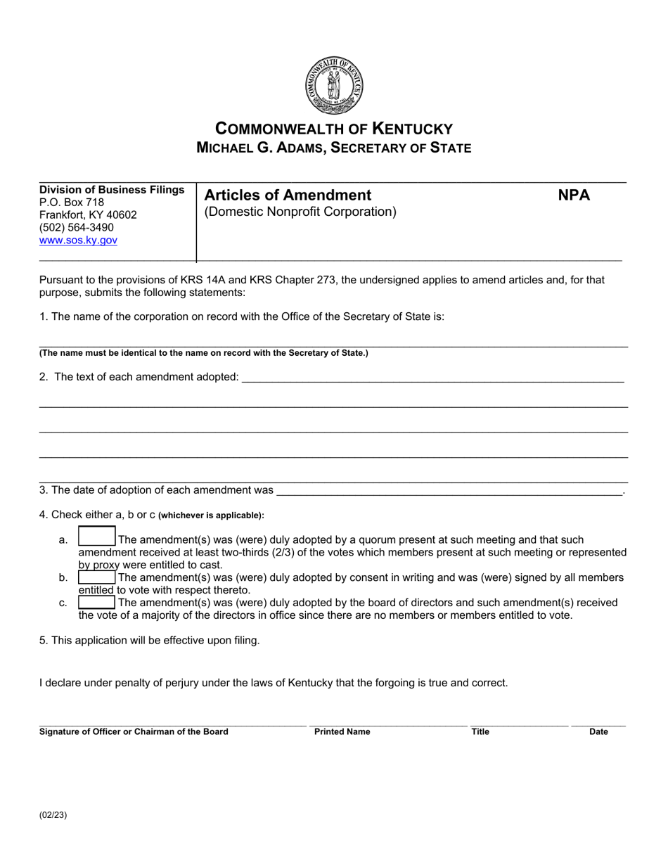 Form NPA Articles of Amendment (Domestic Nonprofit Corporation) - Kentucky, Page 1