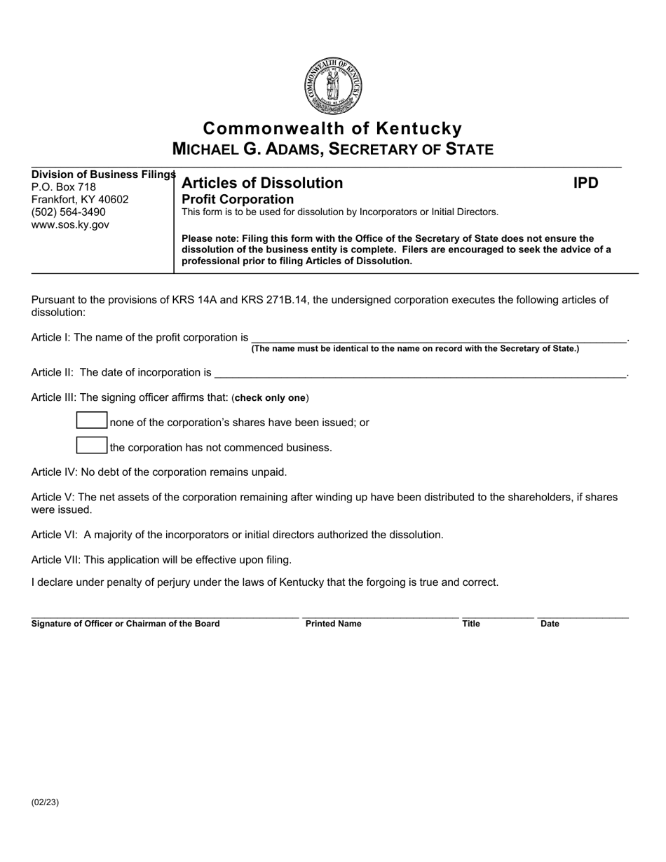 Form IPD Articles of Dissolution - Profit Corporation - Kentucky, Page 1