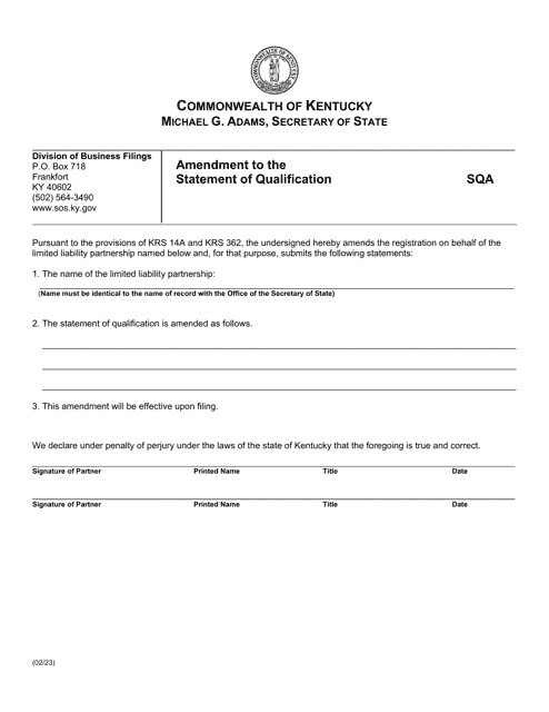 Form SQA Amendment to the Statement of Qualification - Kentucky