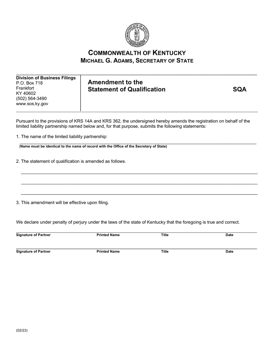 Form SQA Amendment to the Statement of Qualification - Kentucky, Page 1