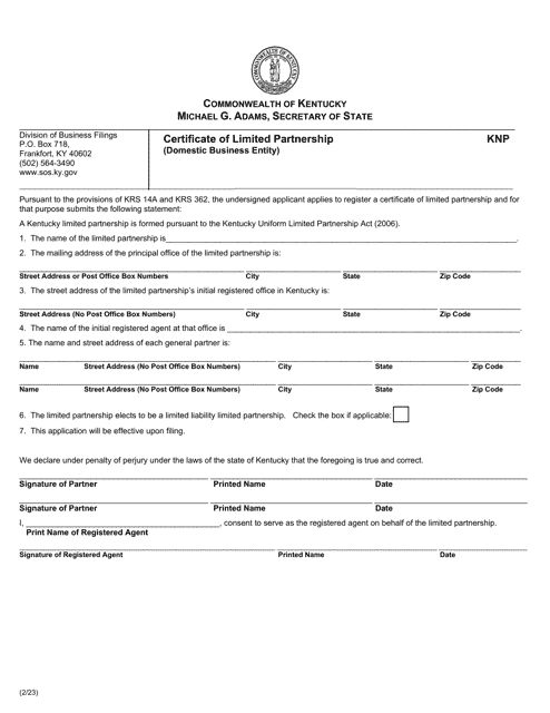 Form KNP Certificate of Limited Partnership (Domestic Business Entity) - Kentucky
