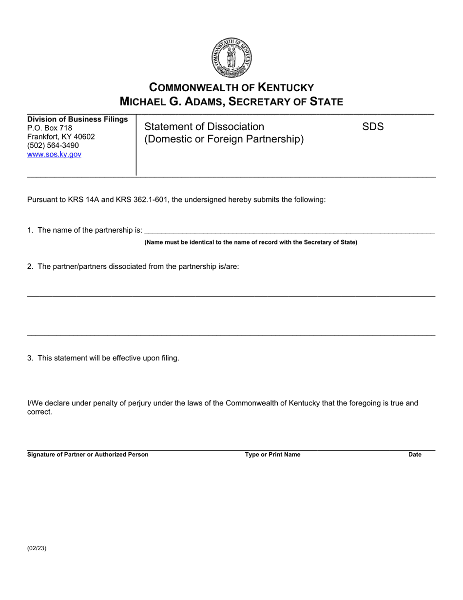Form SDS Statement of Dissociation (Domestic or Foreign Partnership) - Kentucky, Page 1