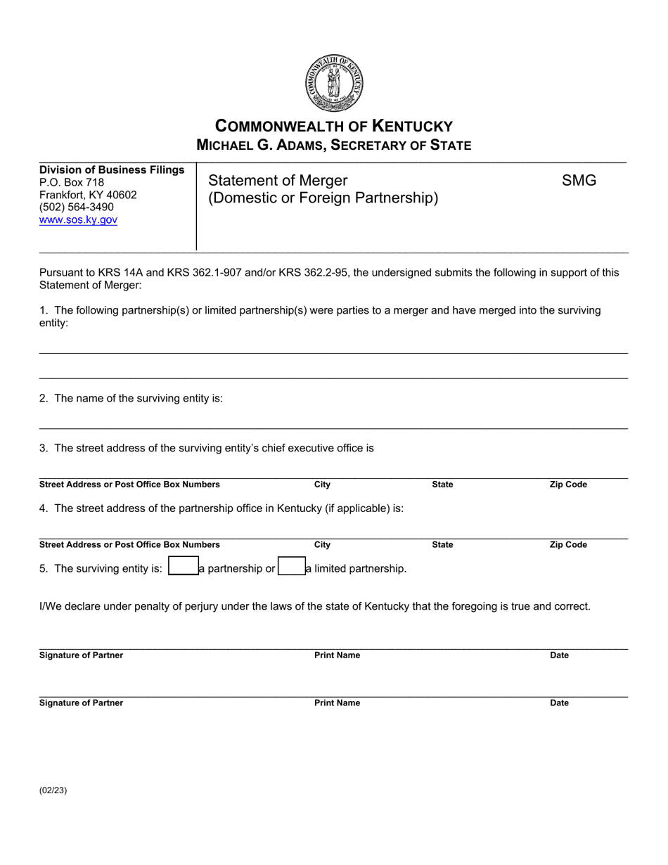 Form SMG Statement of Merger (Domestic of Foreign Partnership) - Kentucky, Page 1