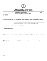 Document preview: Form SPD Statement of Partnership Dissolution (Domestic or Foreign Partnership) - Kentucky