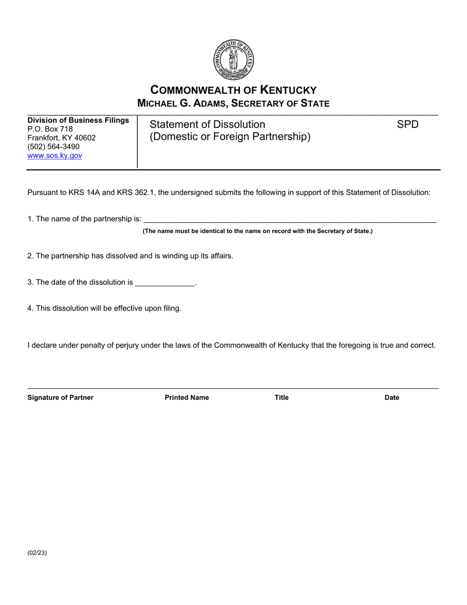 Form SPD Statement of Partnership Dissolution (Domestic or Foreign Partnership) - Kentucky, Page 1